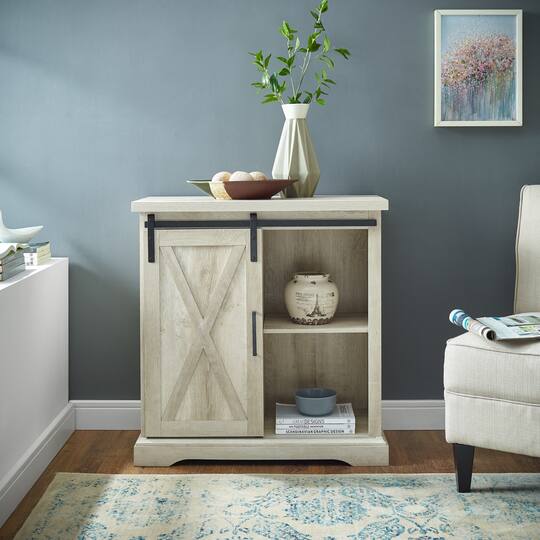 Walker Edison 32" White Oak Sliding Barn Door Farmhouse Accent Cabinet